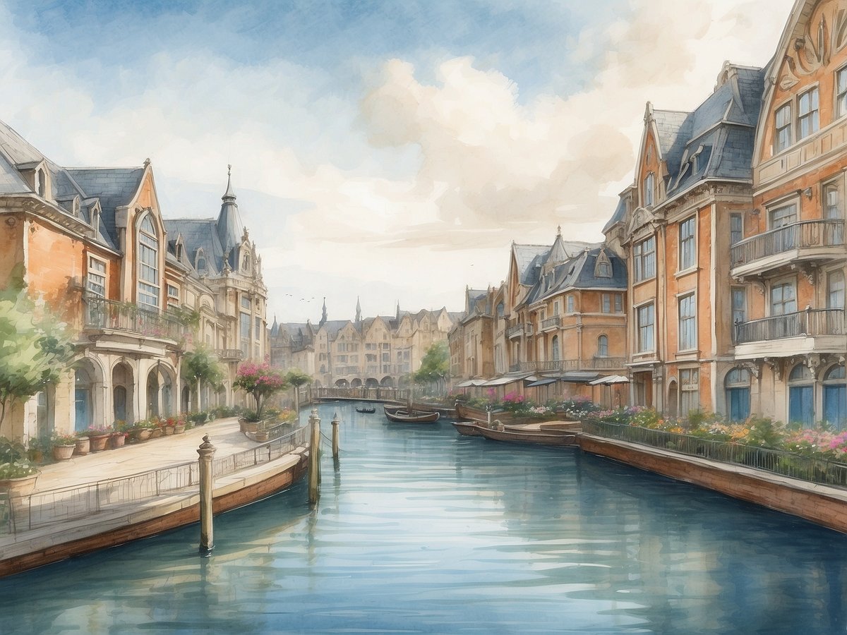 Das Bild zeigt eine malerische Aussicht auf einen Kanal mit eleganten Gebäuden im Hintergrund, die von üppigen Pflanzen und bunten Blumen begleitet werden. Die Wasseroberfläche reflektiert die architektonischen Details der angrenzenden Häuser, die im historischen Stil gehalten sind. Am Ufer sind Holzpfähle und Spazierwege zu sehen, die eine einladende Atmosphäre schaffen. Der Himmel ist hell und freundlich, was die gesamte Szenerie romantisch und charmant wirken lässt.