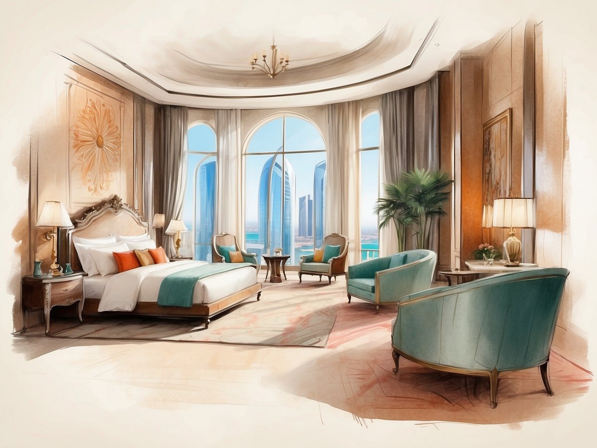 Ein luxuriös eingerichtetes Zimmer im Kingsgate Hotel Abu Dhabi by Millennium mit einem großen, einladenden Bett und stilvollen Möbeln. Der Raum hat große Fenster, die einen atemberaubenden Ausblick auf die Skyline von Abu Dhabi bieten. An den Fenstern hängen elegante Vorhänge, und im Zimmer befinden sich zwei gemütliche Sessel in einer sanften Farbe. Ein paar dekorative Elemente, darunter Pflanzen und kunstvolle Beleuchtung, runden das Ambiente ab.