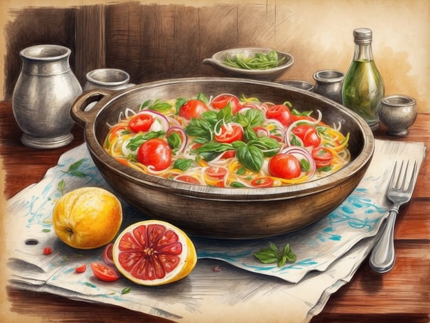 Auf dem Bild ist eine appetitliche Portion Pasta zu sehen, die mit frischen Tomaten, Zwiebeln und Basilikum garniert ist. Die bunten Ingredienzien verleihen dem Gericht eine lebendige Ausstrahlung. Neben der Schüssel befindet sich eine halbierte Zitrone, die als erfrischender Akzent dient, während eine Flasche Öl und weitere Schalen mit frischen Kräutern auf dem Tisch bereitstehen. Dieses Arrangement verspricht eine köstliche und gesunde Mahlzeit, die man vor Ort genießen kann.