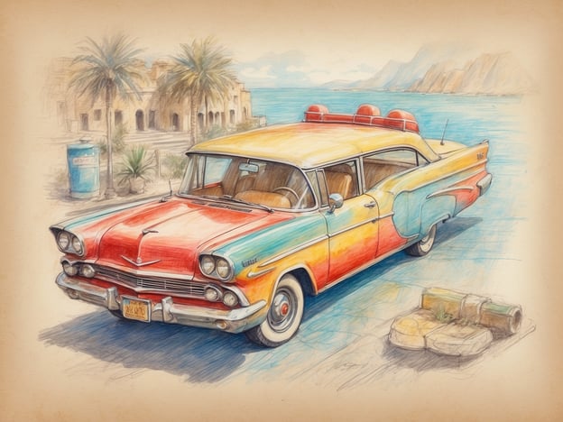 Auf dem Bild ist ein farbenfroher Oldtimer zu sehen, der an einer Strandpromenade parkt. Der Wagen hat ein auffälliges Design mit Leuchtend Rot, Gelb und Blau. Die Umgebung ist von Palmen und einem Meerblick geprägt, was eine entspannte, sommerliche Atmosphäre vermittelt.

Kundenbewertungen zu ähnlichen Oldtimern heben oft die Nostalgie und den Charme dieser Fahrzeuge hervor. Viele schätzen die handwerkliche Verarbeitung und die Robustheit, die solche Autos verkörpern. Nutzer berichten auch von der Freude, die das Fahren eines Oldtimers mit sich bringt, und sehen es als ein Erlebnis, das Erinnerungen weckt. Zudem loben viele die Aufmerksamkeit, die sie im Verkehr auf sich ziehen, was für einen gewissen Lebensstil und Individualität steht.