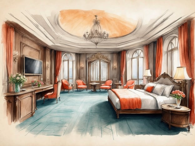 Auf dem Bild ist eine elegante Hotelzimmer-Skizze zu sehen. Der Raum ist großzügig geschnitten und verfügt über große Fenster, die viel Licht hereinlassen. Die Wände sind in warmen Tönen gehalten, und das Zimmer ist mit stilvollen Möbeln eingerichtet. Zu sehen sind ein großes Bett mit einem dekorativen Bettüberwurf, gemütliche Sessel in kräftigem Orange und ein Tisch, der für kleine Zusammenkünfte geeignet ist. Eine TV-Anlage und ein kleiner Tisch mit Blumen ergänzen die Ausstattung. Der Gesamteindruck vermittelt eine luxuriöse und einladende Atmosphäre, ideal für einen entspannenden Aufenthalt.