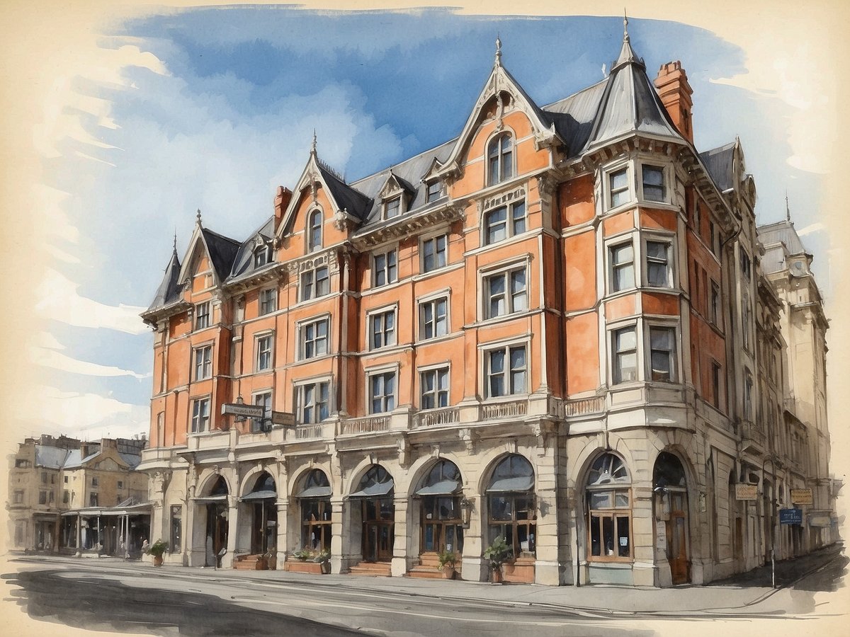 Das Kingsgate Hotel Dunedin ist ein eindrucksvolles historisches Gebäude, das in warmen Farbtönen gehalten ist. Es zeigt eine elegante Fassade mit detaillierten architektonischen Elementen, einschließlich der markanten spitzen Dächer und großen Fenstern. Die Eingangsbereiche sind durch Bögen gekennzeichnet, und das Hotel strahlt einen nostalgischen Charme aus, umgeben von einer charakteristischen Stadtlandschaft. Der Himmel ist klar und blau, was das Bild noch einladender macht.