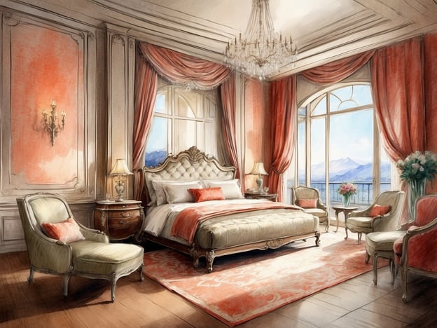 Auf dem Bild ist ein elegantes Zimmer zu sehen, das als Schlafzimmer gestaltet ist. Es verfügt über ein großes, aufwendig gestaltetes Bett mit einer bequemen Bettwäsche und hübschen Kissen. Der Raum ist durch große Fenster lichtdurchflutet, die einen Blick auf eine Berglandschaft bieten. 

Die Wände sind in warmen Farbtönen gehalten, und es gibt opulente Vorhänge sowie eine Prunklampe an der Decke. Die Einrichtung umfasst stilvolle Sessel und Beistelltische, die gemütlich um das Bett angeordnet sind. Insgesamt vermittelt der Raum ein luxuriöses und einladendes Ambiente, das typisch für hochwertige Suiten ist.