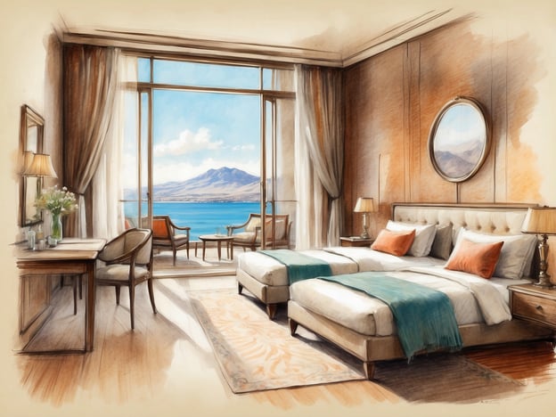 Das Bild zeigt eine stilvolle Hotelzimmer-Illustration mit zwei Einzelbetten, die elegant dekoriert sind. Der Raum ist hell und freundlich gestaltet, mit großen Fenstern, die einen herrlichen Blick auf das Meer und die Berge bieten. Es gibt einen kleinen Tisch und Stühle, sowie eine Blumenarrangement auf dem Tisch, was dem Raum eine einladende Atmosphäre verleiht.

### Überblick über das Leonardo Royal Hotel Mallorca
Das Leonardo Royal Hotel Mallorca liegt in einer idyllischen Umgebung und bietet den Gästen luxuriöse Unterkünfte mit atemberaubenden Ausblicken. Es ist bekannt für seine modernen Annehmlichkeiten, erstklassigen Service und eine Vielzahl von Freizeitaktivitäten, die den Aufenthalt unvergesslich machen. Die Zimmer sind elegant eingerichtet und bieten Komfort und Stil, ideal für Erholungssuchende und Reisende, die das mediterrane Klima genießen möchten. Die Lage des Hotels ermöglicht den Gästen einfachen Zugang zu Stränden, Sehenswürdigkeiten und lokalen kulturellen Angeboten.