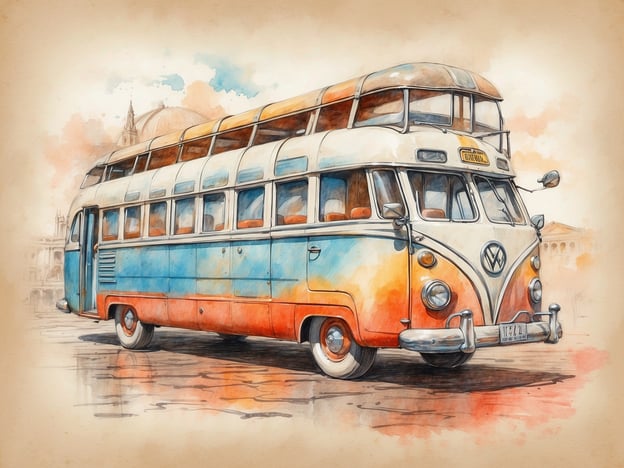 Auf dem Bild ist ein klassischer Volkswagen-Bus zu sehen, der in einem nostalgischen, aquarellartigen Stil dargestellt wird. Die Farben sind hauptsächlich Blau und Orange, was dem Fahrzeug ein fröhliches und einladendes Aussehen verleiht. 

Besonderheiten des Busses sind die großen Fenster und das charakteristische Design, das ihn zu einem beliebten Symbol für Freiheit und Abenteuer gemacht hat. Der Bus scheint auch eine hohe Dachkonstruktion zu haben, die weitere Platzmöglichkeiten bietet.

Ein weiteres bemerkenswertes Detail ist das Schild an der Front, auf dem „DIE BAHN“ steht, was darauf hindeutet, dass er möglicherweise als öffentlicher Transport genutzt wird. Insgesamt verkörpert das Bild eine Retro-Atmosphäre und weckt Erinnerungen an Reisen und Roadtrips in vergangenen Jahrzehnten.