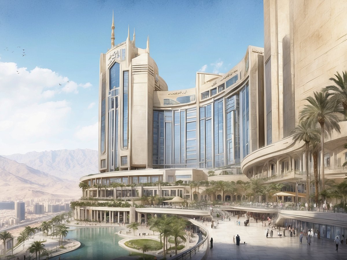 Das Bild zeigt das Makkah Millennium Hotel, ein modernes und futuristisches Gebäude mit gläserner Fassade und eleganter Architektur. Um das Hotel herum befinden sich gepflegte Gartenanlagen mit Palmen, einem Wasserbecken und einem großzügigen Platz, auf dem Menschen flanieren. Im Hintergrund erstrecken sich sanfte Berge und eine klare blaue Himmel, was eine einladende und entspannende Atmosphäre schafft.