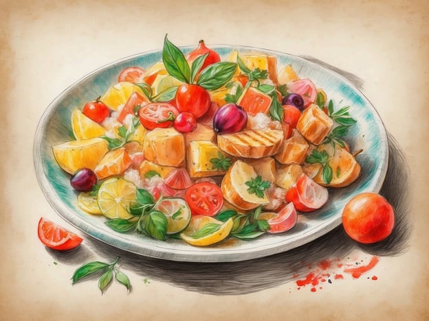 Auf dem Bild ist ein farbenfroher Obstsalat zu sehen, der aus verschiedenen Obstsorten wie Ananas, Kirschen, Tomaten, Limetten und anderen Früchten besteht. Die harmonische Anordnung der Zutaten lädt zum Genießen ein und könnte eine perfekte Ergänzung für ein sommerliches Buffet oder eine gesellige Runde darstellen. Die lebendige Präsentation verspricht nicht nur einen geschmacklichen Hochgenuss, sondern bringt auch einen Hauch von Frische und Vitalität in jede gastronomische Veranstaltung.