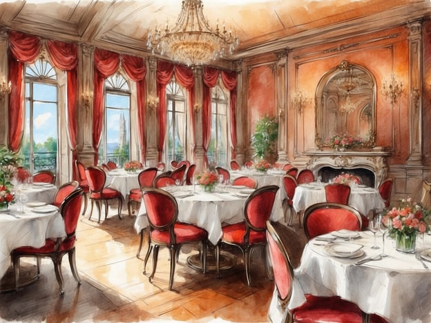 Auf dem Bild ist ein elegantes Hotelrestaurant zu sehen, das mit stilvollen runden Tischen und roten Stühlen ausgestattet ist. Die Tische sind liebevoll mit weißen Tischdecken und frisch geschmückten Blumenarrangements dekoriert, was eine einladende Atmosphäre schafft. Die großen Fenster ermöglichen einen herrlichen Blick nach draußen und lassen viel Licht herein, während der Kronleuchter im Raum für eine luxuriöse Note sorgt. 

Kulinare Erlebnisse in einem solchen Ambiente könnten exquisite Menüs mit saisonalen Zutaten umfassen, begleitet von erlesenen Weinen. Gäste könnten beispielsweise ein mehrgängiges Dinner genießen, bei dem lokale Spezialitäten kreativ zubereitet werden, und den Abend mit einem feinen Dessert aus der hoteleigenen Patisserie ausklingen lassen. Zudem könnte ein aufmerksamer Service dazu beitragen, dass diese gastronomischen Erlebnisse unvergesslich werden.