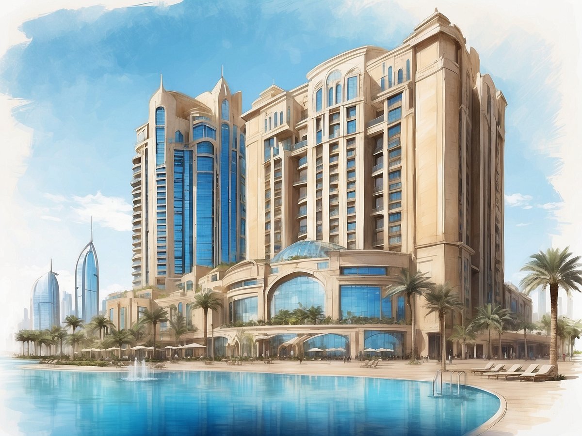 Das Bild zeigt das Millennium Central Dubai Downtown, ein elegantes Hotelgebäude mit markanten architektonischen Elementen. Die Fassade ist eine Kombination aus modernen Glasfronten und klassischen Designelementen. Im Vordergrund sind ein Pool und Palmen zu sehen, die eine entspannte Atmosphäre schaffen. Im Hintergrund sind weitere Hochhäuser und der klare Himmel zu erkennen, was die urbane Umgebung von Dubai betont.