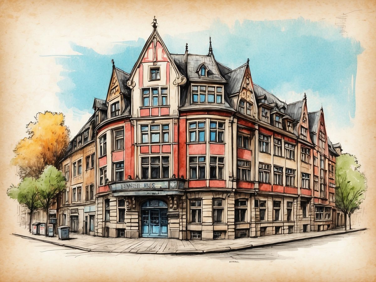 Das Jenisch Haus in Hamburg ist ein historisches Gebäude mit einer markanten Fassade. Es zeigt eine Mischung aus roten und hellen Fassadenelementen, verziert mit großen Fenstern und einem zentralen Eingang. Die Architektur ist geprägt von gotischen und neogotischen Details, einschließlich spitz zulaufender Dächer und dekorativen Elementen. Um das Gebäude herum befinden sich Bäume, die dem Straßenbild eine grüne Note verleihen. Die Szene ist von einem sanften Himmel im Hintergrund umrahmt.