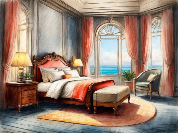 Auf dem Bild ist ein elegantes Schlafzimmer zu sehen. Es verfügt über ein großes Bett mit stilvollem Kopfteil, einen Nachttisch mit einer Lampe und einem kleinen Pflanzenarrangement. Die Fenster bieten einen wunderschönen Blick auf das Meer und lassen viel Tageslicht herein. 

Für Zimmerbuchungen in einem solchen Ambiente könnten verschiedene Angebote zur Verfügung stehen, wie beispielsweise romantische Wochenenden, spezielle Schnäppchen für längere Aufenthalte oder Angebote mit Wellnessleistungen. Diese Möglichkeiten könnten ein hervorragendes Erlebnis für Gäste bieten, die einen entspannenden Aufenthalt suchen.