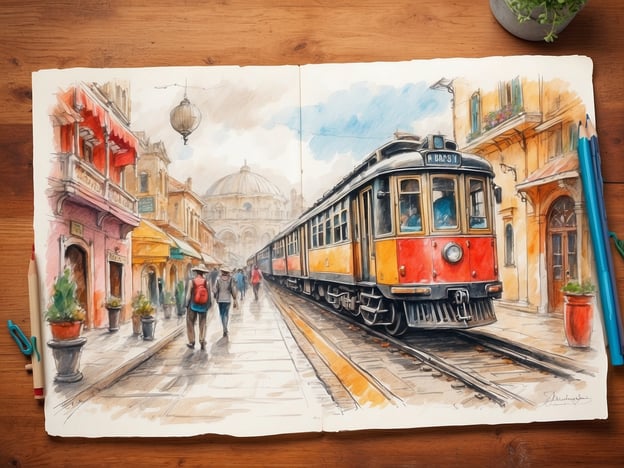 Auf dem Bild ist eine Aquarellzeichnung zu sehen, die eine malerische Stadtansicht mit einer Straßenbahn zeigt. Die Straßen sind gesäumt von farbenfrohen Gebäuden und kleinen Geschäften, und Passanten schlendern entlang der Straße. 

Diese Szene könnte für verschiedene Dienstleistungen und Angebote inspirieren, wie z.B.:

1. **Tourismusangebote**: Stadtführungen, die historische und kulturelle Aspekte der Umgebung hervorheben.
2. **Kunstworkshops**: Kurse zur Aquarellmalerei, die in solch einer inspirierenden Umgebung stattfinden können.
3. **Café- oder Restaurantempfehlungen**: Lokale gastronomische Angebote, die sich in den dargestellten Geschäften befinden könnten.
4. **Transportdienste**: Informationen zu Straßenbahnfahrkarten und Touren, die diese Straßenbahn nutzen.

Insgesamt vermittelt das Bild eine einladende Atmosphäre, die das Interesse an Erkundungen und kulturellen Erlebnissen weckt.