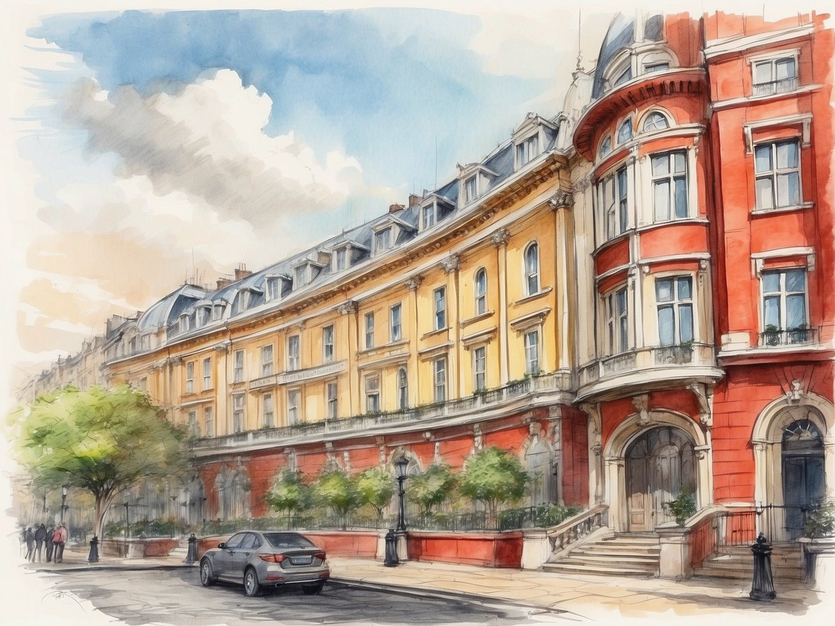 Das Bild zeigt die elegante Fassade des Millennium Gloucester Hotel London Kensington. Die Architektur ist eine harmonische Kombination aus gelben und roten Tönen, mit großen Fenstern und kunstvollen Details. Im Vordergrund sind Bäume und Pflanzen zu sehen, die eine einladende Atmosphäre schaffen. Auf der Straße parkt ein silbernes Auto, während Passanten in der Nähe entlangschlendern. Der Himmel ist leicht bewölkt, was dem Szenario eine ruhige, entspannende Stimmung verleiht.