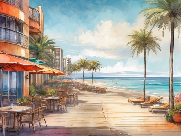 Auf dem Bild ist eine malerische Küstenansicht zu sehen, die von Palmen und Cafés gesäumt ist. Es gibt orangefarbene Sonnenschirme und Liegen am Strand, die zu einer entspannenden Atmosphäre einladen. Der Himmel ist klar und die Wellen des Meeres sind sanft.

Entdecke das Leonardo Hotel Brighton, wo du eine ähnliche entspannende Umgebung genießen kannst, die ideal für Erholung und Erkundung ist.