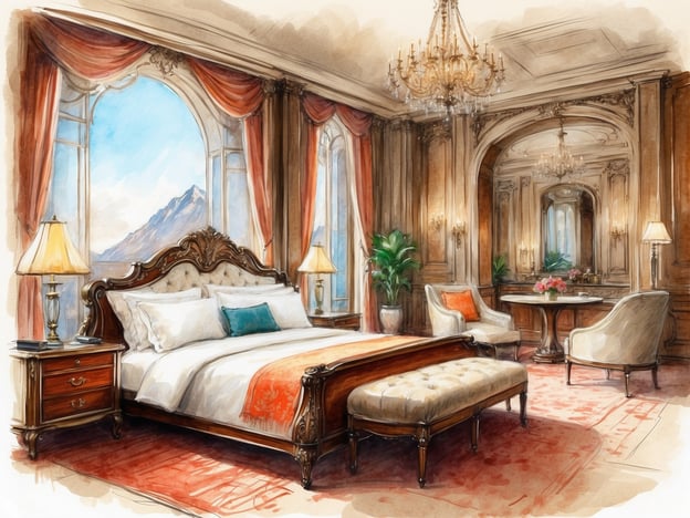 Auf dem Bild ist ein elegantes Schlafzimmer zu sehen. Es ist stilvoll eingerichtet mit einem großen, bequemen Bett, das mit weichen Kissen dekoriert ist. Die Fenster bieten einen atemberaubenden Ausblick auf die Berge, während die Vorhänge dem Raum eine gemütliche Atmosphäre verleihen. 

Annehmlichkeiten in diesem Zimmer könnten eine gemütliche Sitzecke mit einem Tisch und Pflanzen umfassen, die für eine entspannende Ambiente sorgen. Zudem verleiht ein großer Kronleuchter dem Raum einen Hauch von Luxus. Die Nachttische, ausgestattet mit Lampen, und der elegante Teppich tragen ebenfalls zum Komfort bei. Dieses Zimmer bietet verschiedene Dienstleistungen, wie z. B. Zimmerservice oder ein hochwertiges Bettzeug, um den Aufenthalt besonders angenehm zu gestalten.