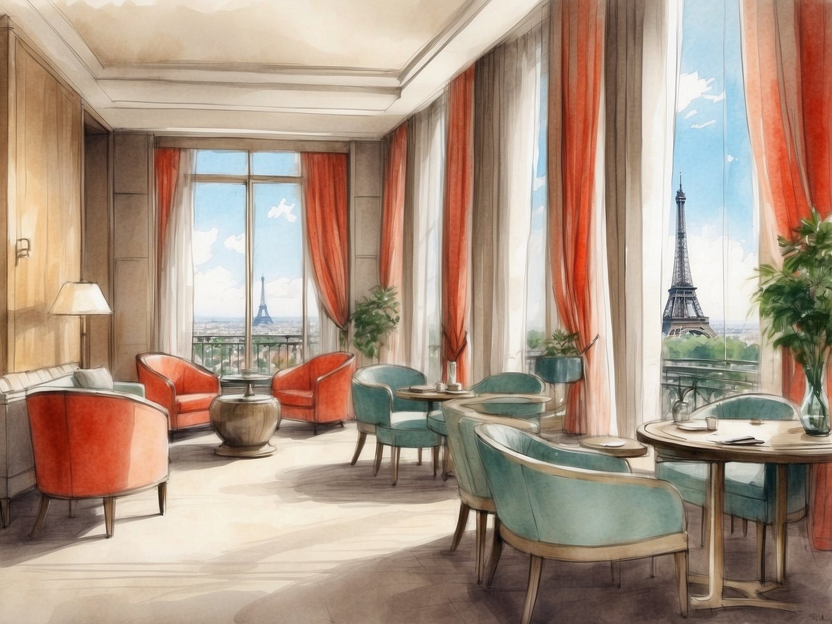 Ein stilvoller Raum im Millennium Hotel Paris Charles De Gaulle mit modernen Sitzgelegenheiten in Türkis und Rot. Große Fenster bieten einen Blick auf den Eiffelturm und lassen viel Tageslicht herein. Der Raum ist elegant und einladend gestaltet, mit einer Mischung aus gemütlichen Sesseln und Tischen, umgeben von grünen Pflanzen. Die sanfte Farbpalette und die schönen Vorhänge schaffen eine entspannte Atmosphäre.