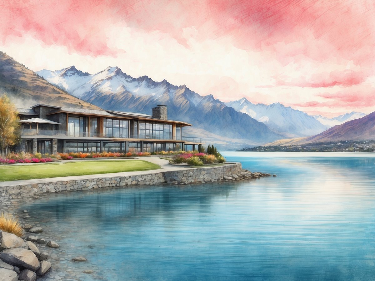 Das Millennium Hotel Queenstown ist ein modernes Gebäude, das sich malerisch am Ufer eines ruhigen Sees mit reflektierendem Wasser und farbenfrohen Blumenarrangements im Vordergrund befindet. Im Hintergrund ragen beeindruckende Berggipfel empor, die mit Schnee bedeckt sind, während der Himmel in sanften Rosa- und Blautönen leuchtet. Die Umgebung wirkt ruhig und einladend und spiegelt die natürliche Schönheit der Region wider.