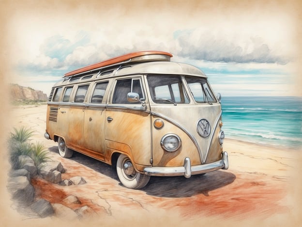 Auf dem Bild ist ein alter Volkswagen-Bus zu sehen, der an einem Strand geparkt ist. Die Szenarie erinnert an idyllische Küstenorte wie die Algarve in Portugal, wo man schöne Strände und malerische Landschaften findet. Ebenso könnte es ein Bild von der kalifornischen Küste sein, nahe Sehenswürdigkeiten wie dem Big Sur oder den Stränden von Malibu. Diese Orte sind bekannt für ihre atemberaubenden Ausblicke auf das Meer und entspannte Fahrzeugtouren entlang der Küste.