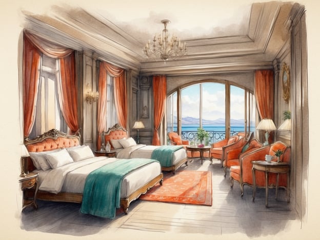 Auf dem Bild ist ein elegantes Zimmer zu sehen, das mit Komfort und Annehmlichkeiten ausgestattet ist. Es gibt zwei Betten mit weichen Kissen und Decken, die zu einem entspannenden Aufenthalt einladen. Die großen Fenster bieten einen herrlichen Blick auf die Landschaft und sorgen für viel Tageslicht. Die stilvollen Möbel, einschließlich gemütlicher Sessel und ein Tisch, schaffen eine einladende Atmosphäre. Die warmen Farben und die dekorativen Vorhänge verleihen dem Raum eine luxuriöse Note.