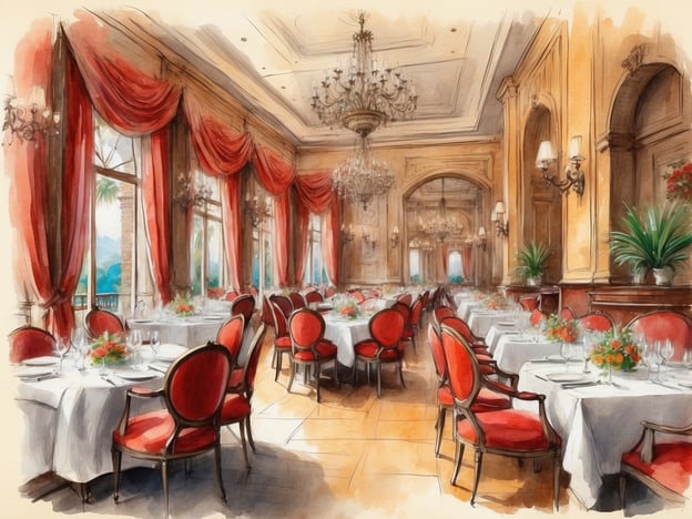 Auf dem Bild ist ein elegantes Restaurant zu sehen, das ein luxuriöses Dining-Erlebnis vermittelt. Die Tische sind mit weißen Tischdecken bedeckt und liebevoll mit Blumenarrangements und Gläsern eingedeckt. Rote Stühle verleihen dem Raum eine warme, einladende Atmosphäre. Große Fenster mit roten Vorhängen ermöglichen einen Blick nach draußen und tragen zur stilvollen Einrichtung bei. Der Raum wird zudem von beeindruckenden Kronleuchtern beleuchtet, was das gehobene Ambiente unterstreicht.