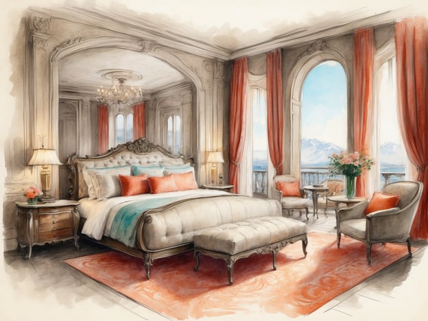 Auf dem Bild ist ein elegantes Schlafzimmer zu sehen. Es ist geschmackvoll eingerichtet mit einem großen Bett, das mit verschiedenen Kissen dekoriert ist. Der Raum verfügt über große Fenster mit Aussicht auf die Berge, die viel natürliches Licht hereinlassen. Rote Vorhänge und stilvolle Lampen geben dem Zimmer eine warme Atmosphäre. Zudem gibt es gemütliche Sitzgelegenheiten und einen kleinen Tisch, was den Raum zu einer einladenden Suite macht. Insgesamt strahlt es Luxus und Komfort aus.