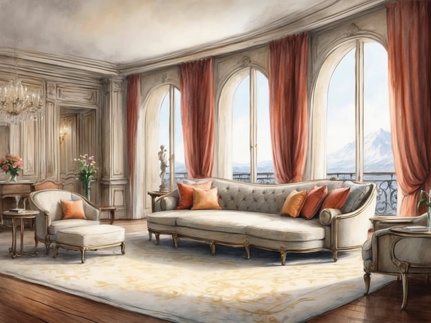 Auf dem Bild ist ein elegantes Wohnzimmer zu sehen. Es sind große Fenster mit Aussicht auf eine Landschaft oder Berge zu sehen, die viel Licht in den Raum lassen. Die Einrichtung besteht aus einer stilvollen Couch und einem bequemen Sessel, beide in hellen Farben mit dekorativen Kissen. Dazu gibt es einen kleinen Tisch und Blumenarrangements, die für eine einladende Atmosphäre sorgen. Der Raum wirkt luxuriös und zeigt Anzeichen eines klassischen, geschmackvollen Designs. Solche Zimmer werden oft in gehobenen Suiten von Hotels oder luxuriösen Wohnanlagen gefunden.