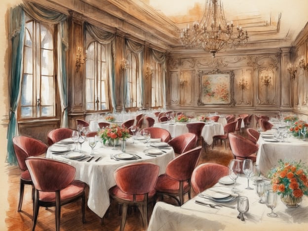 Auf dem Bild ist ein elegantes Restaurant im Hotel zu sehen. Die Tische sind geschmackvoll mit weißen Tischdecken eingedeckt und mit glänzendem Besteck, Gläsern und Blumenarrangements dekoriert. Große Fenster lassen viel Tageslicht herein und schaffen eine einladende Atmosphäre. Der Raum ist klassisch gestaltet, mit opulentem Dekor und einem Kronleuchter, der das Ambiente weiter aufwertet. Solche Dining-Erlebnisse im Hotel bieten Gästen die Möglichkeit, eine exquisite Küche in einem stilvollen Rahmen zu genießen, ideal für besondere Anlässe oder entspannte Abendessen.