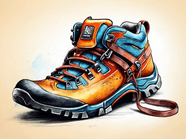 Auf dem Bild ist ein Wanderschuh zu sehen. Er hat eine orange und blaue Farbgebung mit einem stabilen Profil und einer verstärkten Sohle, die für Outdoor-Aktivitäten geeignet ist. Der Schuh hat eine Schnürung und einen zusätzlichen Riemen, der möglicherweise der besseren Fixierung dient. Solche Schuhe sind typischerweise für Wanderungen und Bergtouren konzipiert und bieten Griffigkeit sowie Halt.