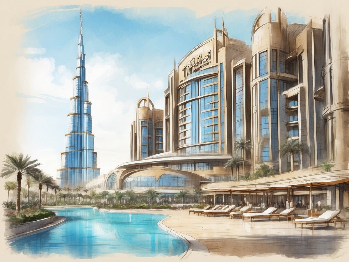 Das Bild zeigt das Millennium Plaza Downtown Suites in Dubai, umgeben von einem eleganten Poolbereich und Palmen. Im Hintergrund erhebt sich der Burj Khalifa majestätisch in den Himmel. Die Architektur des Gebäudes ist modern und luxuriös, mit großen Fenstern, die einladend wirken. Der Himmel ist blau mit einigen Wolken, was eine angenehme Atmosphäre schafft. Die Szenerie vermittelt ein Gefühl von Erholung und Eleganz.