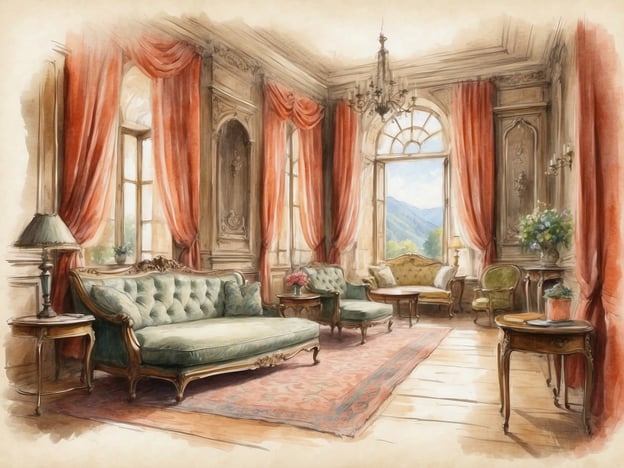 Auf dem Bild ist ein elegantes Wohnzimmer zu sehen. Es gibt große Fenster mit rotem Vorhängen, die viel Licht hereinlassen und einen Blick auf eine Berglandschaft bieten. Die Möbel sind im klassizistischen Stil gehalten, mit einem auffälligen grünen Sofa und armlehnenbestückten Stühlen. Der Boden ist aus hellem Holz, und ein kunstvoll gestalteter Teppich verleiht dem Raum Gemütlichkeit. Tischlampen und kleine Tischchen aus Holz runden die Einrichtung ab. Diese Details schaffen eine Atmosphäre von Eleganz und Raffinesse.