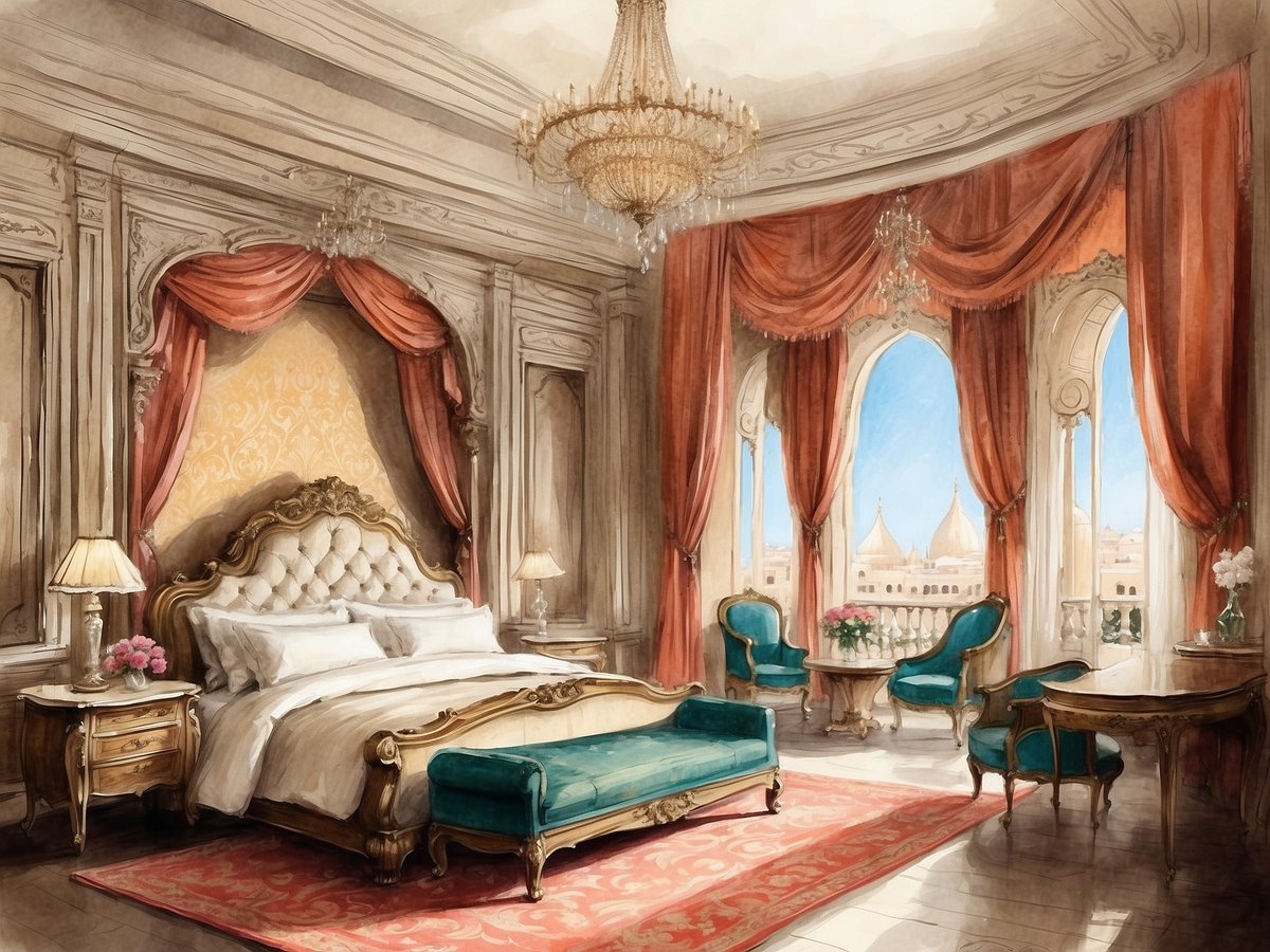 Im Millennium Taiba Hotel ist ein elegantes Schlafzimmer zu sehen. Das Zimmer verfügt über ein majestätisches Bett mit gepolstertem Kopfteil, das von opulenten Vorhängen und Wänden in warmen Farben umgeben ist. Neben dem Bett stehen stilvolle Nachtische mit Lampen und frischen Blumen. In der Ecke des Raumes steht eine grüne Sitzbank. Große Fenster mit Blick auf die Stadt sind mit prächtigen roten Vorhängen geschmückt und lassen viel Tageslicht herein. Ein runder Tisch und passende Sessel laden zum Entspannen ein, während ein Teppich den Boden schmückt und dem Raum ein gemütliches Ambiente verleiht.