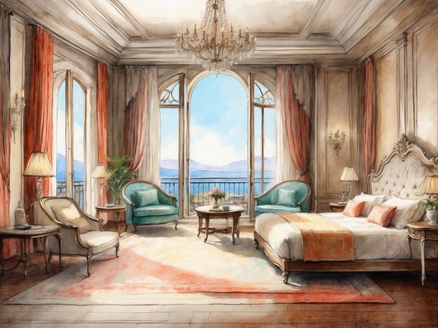 Auf dem Bild ist ein elegantes Zimmer zu sehen, das wie eine luxuriöse Suite gestaltet ist. Der Raum hat große Fenster mit Blick auf eine malerische Landschaft. Es sind komfortable Sitzgelegenheiten, eine große Betten mit stilvollem Kopfteil und geschmackvolle Dekorationen zu sehen. Die Farben sind warm und einladend, was eine gemütliche Atmosphäre schafft. Die Einrichtung kombiniert klassische und moderne Elemente, was dem Zimmer einen gehobenen Look verleiht.