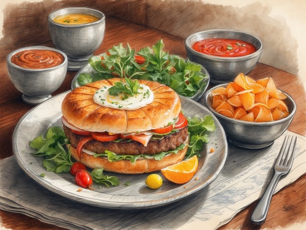 Auf dem Bild ist ein ansprechendes gastronomisches Angebot zu sehen. Im Mittelpunkt steht ein saftiger Burger, der auf einem knusprigen Brötchen serviert wird. Er ist mit frischen Zutaten wie Salat, Tomaten und einer leckeren Soße belegt. Dazu gibt es mehrere Schalen mit verschiedenen Saucen, darunter eine cremige Sauce, eine Tomatensauce und eine Käsesauce. Zudem ist eine Beilage aus gemischtem Salat und kleinen Orangenstücken zu finden, sowie eine Schale mit einem knackigen Snack, vermutlich Chips oder ähnlichem. Alles zusammen ergibt ein reichhaltiges und ansprechendes Menü.