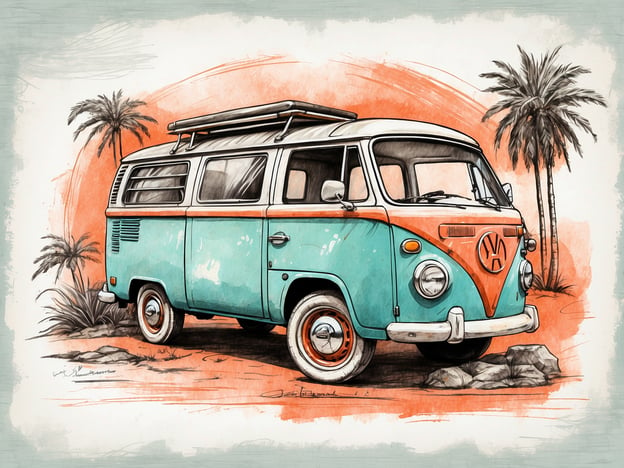 Auf dem Bild ist ein klassischer VW-Bus in einer pastellblauen und orangefarbenen Farbkombination zu sehen. Der Bus steht in einer tropischen Umgebung mit Palmen, was an einen entspannten Ort wie Byron Bay erinnert. Die Illustration hat einen skizzenhaften Stil und vermittelt ein Gefühl von Abenteuer und Freiheit.