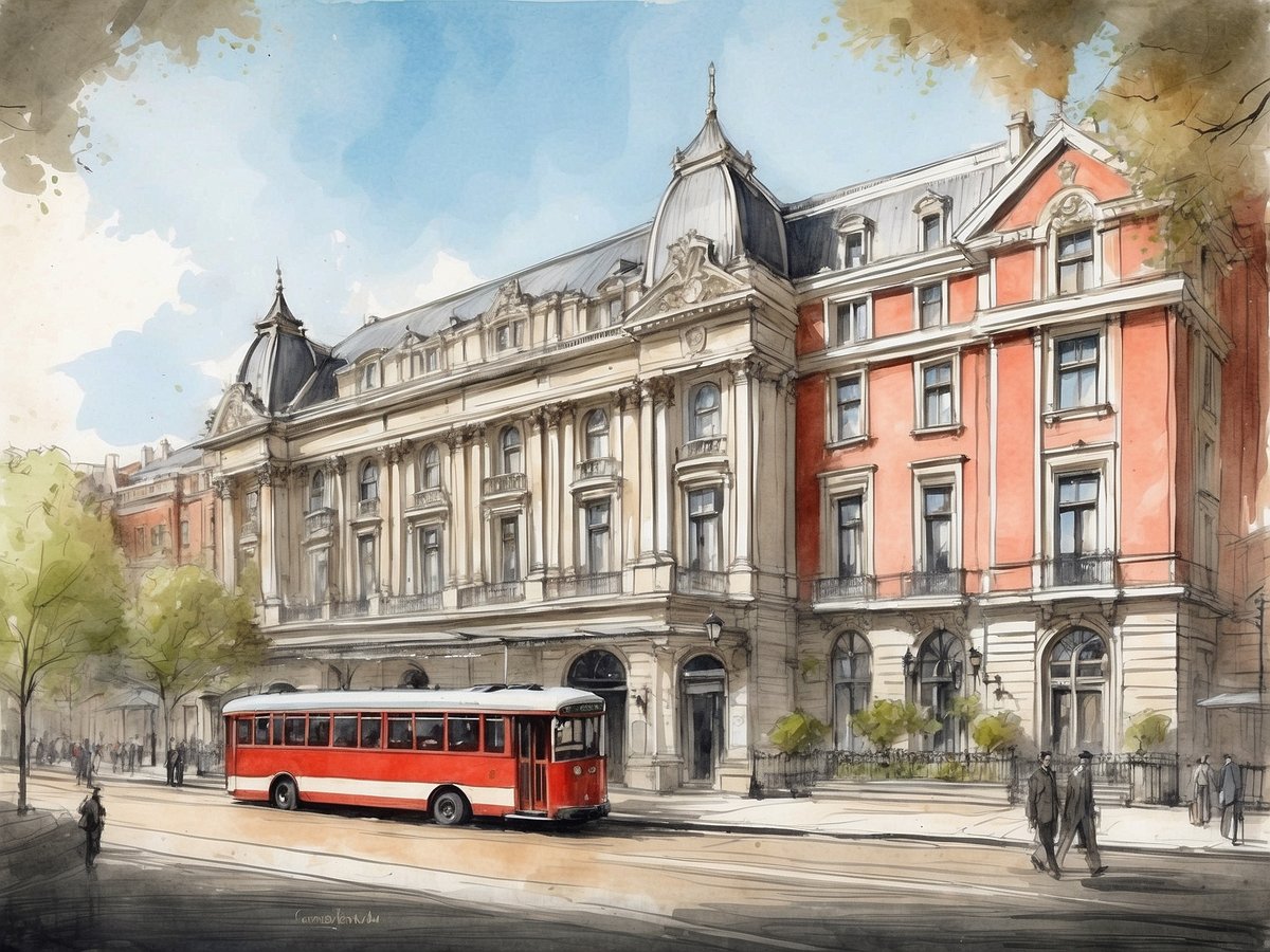 Das Bild zeigt das Baileys Hotel London Kensington, ein elegantes Gebäude mit einer Kombination aus klassischer und moderner Architektur. Im Vordergrund steht ein roter Oldtimer-Bus, während Passanten und grünes Laub die Straße säumen. Die Fassade des Hotels ist reich verziert, mit großen Fenstern und einem markanten Dach. Der Himmel ist blau und die Szene strahlt eine lebhafte Atmosphäre aus.