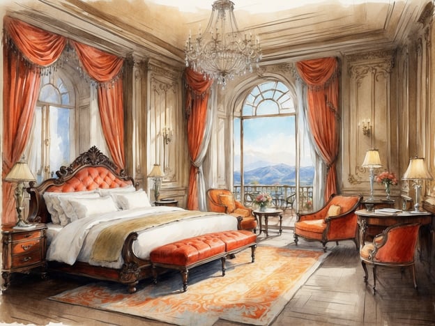 Auf dem Bild ist ein luxuriöses Hotelzimmer zu sehen, das mit opulenten historischen Details gestaltet ist. Die Einrichtung umfasst ein großes, elegantes Bett mit einer auffälligen, gepolsterten Kopfteil, umgeben von reich verzierten Möbeln. Rote Vorhänge und eine Kristall-Deckenleuchte verleihen dem Raum einen eleganten Touch. 

Das Hotelzimmer liegt in einem charmanten Hotel, das von der glorreichen Vergangenheit der Gastfreundschaft erzählt. Die Kunst der Innengestaltung spiegelt den Reichtum vergangener Epochen wider, als Hotelzimmer Orte des Rückzugs und der Erholung waren, die Komfort und Stil vereinten. Die großen Fenster bieten einen Blick auf die umliegende Landschaft, was die Atmosphäre des Luxus und der Entspannung unterstreicht, die Gäste in solchen historischen Hotels suchen.