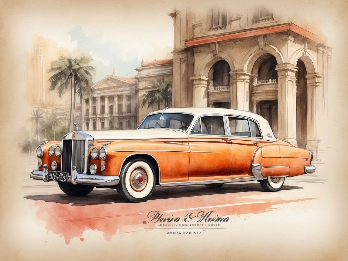 Ein elegantes, klassisches Auto in orange und weiß steht vor einer historischen Architektur mit Palmen im Hintergrund. Die Fassade des Heritage Hotel Manila ist leicht verschwommen zu sehen, was dem Bild eine malerische Atmosphäre verleiht. Die Kombination aus dem stilvollen Fahrzeug und dem beeindruckenden Gebäude vermittelt einen Hauch von Nostalgie und Charme.