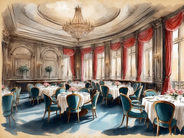 Auf dem Bild ist ein elegantes Restaurant in einem Hotel zu sehen. Der Raum ist geschmackvoll eingerichtet mit runden Tischen, die mit weißen Tischdecken und Blumenarrangements dekoriert sind. Die Stühle sind in einem schönen Blau gehalten und fügen sich harmonisch in die luxuriöse Atmosphäre ein. Ein großer Kronleuchter hängt von der Decke, und die Fenster sind mit roten Vorhängen geschmückt, die dem Raum eine feierliche Note verleihen. Die gesamte Gestaltung vermittelt einen Eindruck von Raffinesse und bietet eine angenehme Umgebung für die Gastronomie im Hotel.