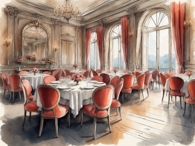 Auf dem Bild ist ein elegantes Restaurant zu sehen, das ideal für ein gehobenes Dining-Erlebnis im Hotelrestaurant ist. Der Raum ist geschmackvoll eingerichtet mit runden Tischen, weißen Tischdecken und roten Stühlen. Der Anblick wird durch die großen Fenster, die natürliches Licht hereinlassen und eine schöne Aussicht auf die umliegende Landschaft bieten, zusätzlich verschönert. 

Die Wände sind kunstvoll gestaltet, und es gibt Blumenarrangements auf den Tischen, die eine einladende und festliche Atmosphäre schaffen. Die Kristalllüster an der Decke verleihen dem Raum eine luxuriöse Stimmung, die perfekt für ein besonderes Dinner geeignet ist.