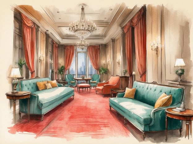 Auf dem Bild ist eine luxuriöse Lounge zu sehen, die mit eleganten Sofas in sanften Farbtönen und stilvollen Armchairs ausgestattet ist. Der Boden ist mit einem opulenten roten Teppich bedeckt, der der Umgebung eine warme Atmosphäre verleiht. Deckenleuchten und Wandleuchten sorgen für eine sanfte Beleuchtung, während der große Fensterblick auf eine beeindruckende Stadtsilhouette das Ambiente abrundet. Die Verwendung von hochwertigen Materialien und edlen Dekorationen schafft eine einladende und komfortable Atmosphäre, perfekt für entspannende Momente oder geschäftliche Zusammenkünfte. Die frischen Pflanzen bringen einen Hauch von Natur in diesen exquisiten Raum.