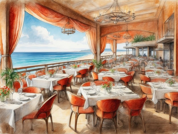 Auf dem Bild ist ein elegantes Restaurant im Leonardo Laura Beach & Splash Resort zu sehen. Es verfügt über viele Tische, die mit weißen Tischdecken gedeckt sind und stilvolle rote Stühle haben. Die große Fensterfront bietet einen herrlichen Blick auf das Meer, was eine entspannte Atmosphäre schafft. Die Einrichtung wirkt einladend und luxuriös, ideal für ein kulinarisches Erlebnis mit Blick auf die Küste. Pflanzen und blühende Arrangements verleihen dem Raum zusätzlich eine frische Note.