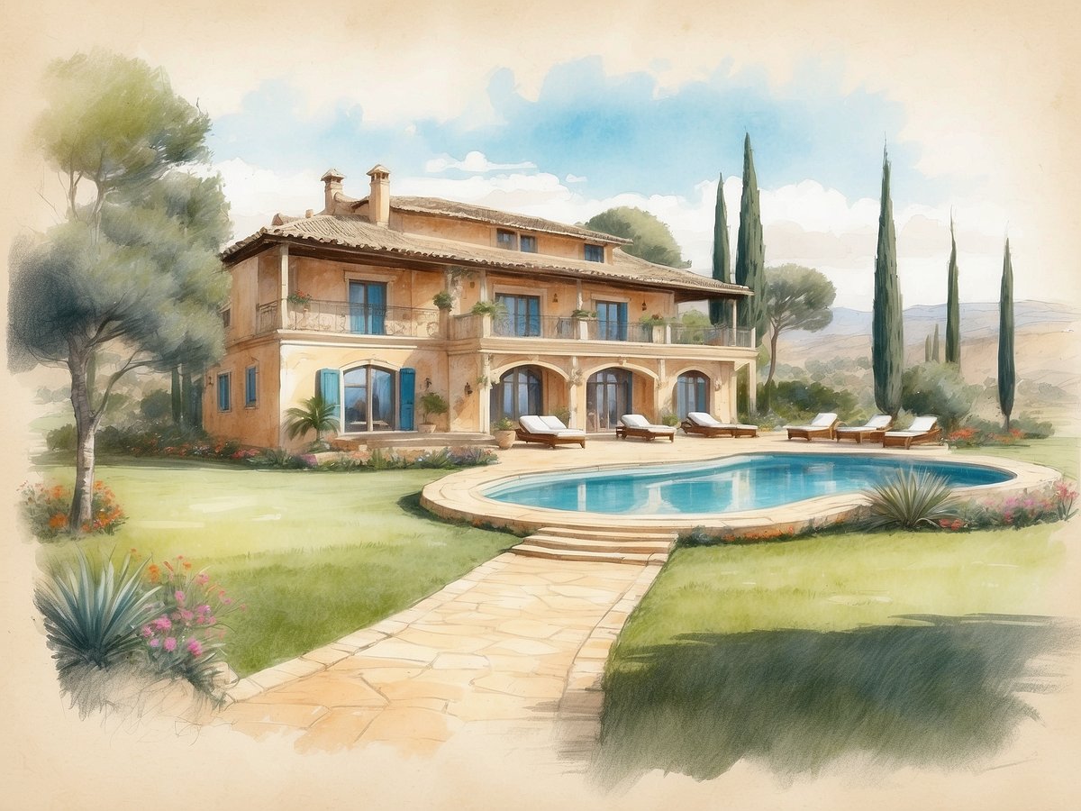 Ein elegantes Landhaus mit mehreren Fenstern und Balkonen, umgeben von einem gepflegten Garten. Im Vordergrund befindet sich ein Swimmingpool mit Liegen, die zum Entspannen einladen. Hohe Zypressen ragen in den Himmel, während lila und pinke Blumenbeete den Garten verschönern. Der Himmel ist blau mit wenigen Wolken und die sanfte Landschaft im Hintergrund ergänzt das idyllische Ambiente.
