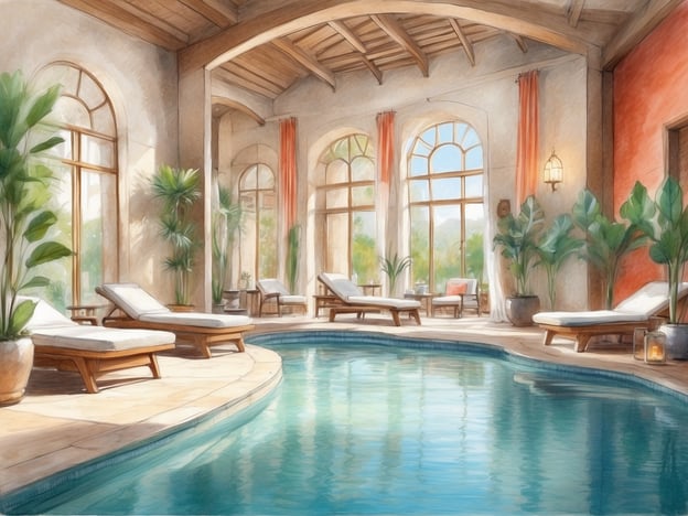 Auf dem Bild sind elegante Spa- und Wellness-Einrichtungen zu sehen. Es gibt einen Innenpool, der von hellen Fenstern und Pflanzen umgeben ist. Bequeme Liegen laden zum Entspannen ein, während sanftes Licht durch die Fenster strömt. Die Atmosphäre wirkt friedlich und einladend, ideal für Erholung und Entspannung.