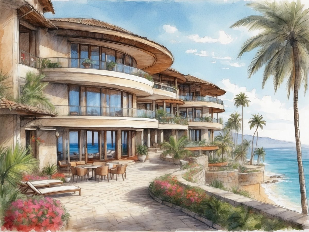 Das Bild zeigt die elegante Architektur des Garza Blanca Resorts in Puerto Vallarta. Im Vordergrund befinden sich geschmackvoll eingerichtete Terrassen mit Holzstühlen und einem Tisch, umgeben von üppiger tropischer Vegetation und bunten Blumen. Der Blick auf das Meer ist atemberaubend, mit Wellen und einer sanften Küstenlinie im Hintergrund. Das Gebäude hat mehrere Etagen mit großen Fenstern und Balkonen, die einen großartigen Blick auf die Landschaft bieten. Palmen und strahlend blauer Himmel verleihen der Szene eine entspannende Urlaubsatmosphäre.