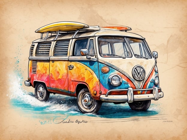 Auf dem Bild ist ein farbenfroher VW-Bus zu sehen, der mit Surfbrettern auf dem Dach ausgestattet ist. Dies erinnert an die Entwicklung des Surfens auf Hawaii, wo das Surfen seinen Ursprung hat und eine wichtige kulturelle Rolle spielt. Der VW-Bus symbolisiert das Lebensgefühl der Surfer und die Verbindung zur Küste, wo das Wellenreiten eine zentrale Aktivität darstellt. In den 1960er Jahren wurde der VW-Bus oft von Surfern genutzt, um zu den besten Surfspots zu gelangen, was die surfspezifische Kultur weiter prägte.