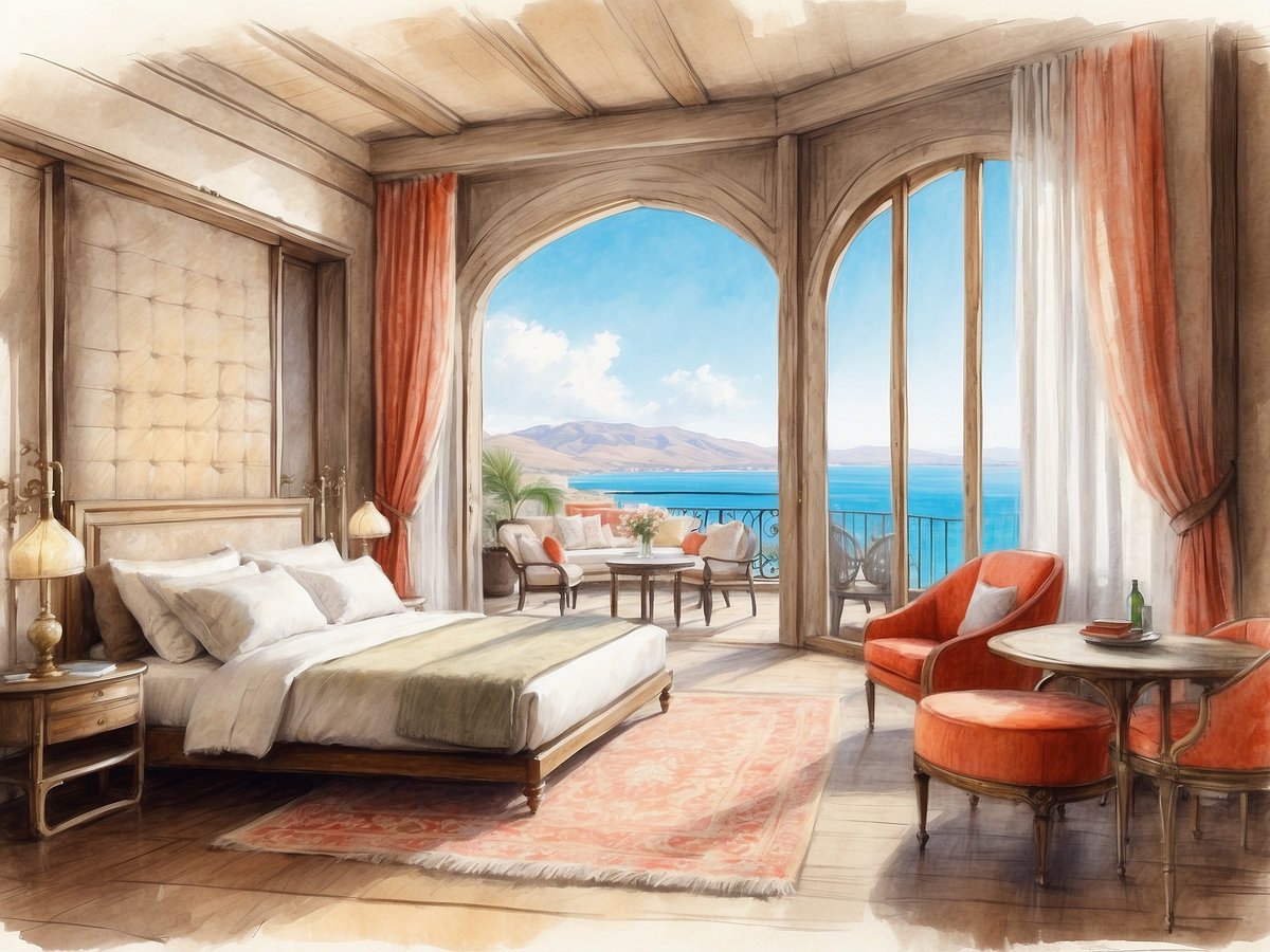 Das Bild zeigt ein elegantes Hotelzimmer im Villa del Palmar, dekoriert mit einem gemütlichen Doppelbett und sanften Farben. Große Fenster bieten einen atemberaubenden Blick auf das Wasser und die Berge im Hintergrund. Auf der Terrasse stehen stilvolle Möbel und Blumen, während orangefarbene Sesseln und ein runder Tisch im Raum für eine einladende Atmosphäre sorgen. Weiche Textilien und Holzoberflächen schaffen eine warme und entspannte Umgebung.