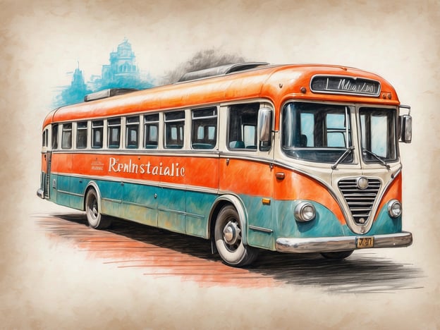 Auf dem Bild ist ein altmodischer Omnibus zu sehen, der in auffälligen Farben lackiert ist, hauptsächlich in Orange und Türkis. Der Bus trägt die Aufschrift "Reinhstaialie", was auf einen spezifischen Busdienst oder Besitzer hinweisen könnte. Die Darstellung hat einen künstlerischen, gezeichneten Stil und vermittelt ein nostalgisches Flair. 

**Service:** Wie bei historischen Fahrzeugen üblich, könnte dieser Bus zu touristischen Zwecken oder für besondere Veranstaltungen eingesetzt werden.

**Extras:** Möglicherweise sind in der Umgebung noch andere interessante Sehenswürdigkeiten oder Elemente sichtbar, die das Gesamtbild ergänzen, aber hier liegt der Fokus klar auf dem Bus selbst.