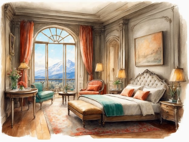 Auf dem Bild ist ein elegantes Schlafzimmer zu sehen. Es gibt ein großes Bett mit dekorativen Kissen und eine gemütliche Sitzgelegenheit. Die Fenster bieten einen schönen Blick auf eine Berglandschaft. Der Raum ist geschmackvoll eingerichtet mit klassischen Möbeln, darunter ein Tisch mit Blumen und zwei Lampen, die für eine angenehme Atmosphäre sorgen. Die Vorhänge und Teppiche sind stilvoll gewählt und tragen zur gemütlichen Unterkunft bei.