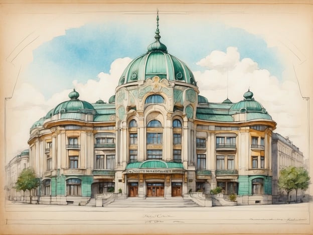 Auf dem Bild ist ein prächtiges Gebäude mit einer auffälligen Fassade und Kuppeln zu sehen, das an die Werke von Otto Wagner erinnert. Wagner war ein einflussreicher österreichischer Architekt des Fin de Siècle, bekannt für seine innovative Herangehensweise an den Jugendstil und für seine Rolle in der Umgestaltung Wiens.

Die Detailverliebtheit und die ornamentalen Elemente des Gebäudes spiegeln den typischen Stil Wagners wider, der oft mit kontrastreichen Materialien und einer harmonischen Verbindung zwischen Funktionalität und Ästhetik arbeitete. Die Kuppeln und die geschwungenen Formen in der Architektur könnten an Wagners Entwürfe wie das Palais Stoclet oder die Stadtbahn-Haltestellen erinnern. Die Verwendung klarer Linien und farbiger Akzente vermitteln eine moderne, jedoch nostalgische Stimmung, für die Wagners Arbeiten bekannt sind.