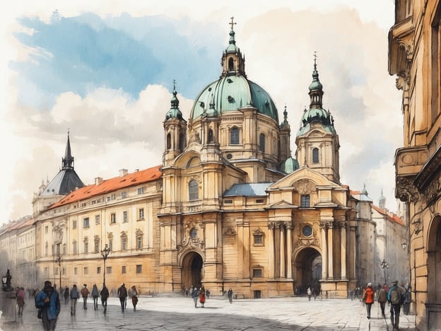 Auf dem Bild ist eine malerische Straßenansicht zu sehen, die an die historische Architektur von Prag erinnert. Im Vordergrund sieht man eine beeindruckende barocke Kirche mit grünen Kuppeln und verschönerten Fassaden. Die Umgebung ist belebt, mit mehreren Passanten, die die Straße entlanggehen. Die sanften Farben und die Details der Gebäude vermitteln eine nostalgische Atmosphäre, die typisch für die altehrwürdige Stadt Prag ist. Man könnte annehmen, dass es sich um einen Spaziergang durch das Stadtzentrum handelt, wo die reiche Geschichte und Kultur erlebbar sind.